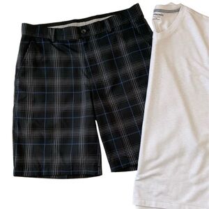 Men's Greg Norman Black Plaid Flat Front Shorts 34